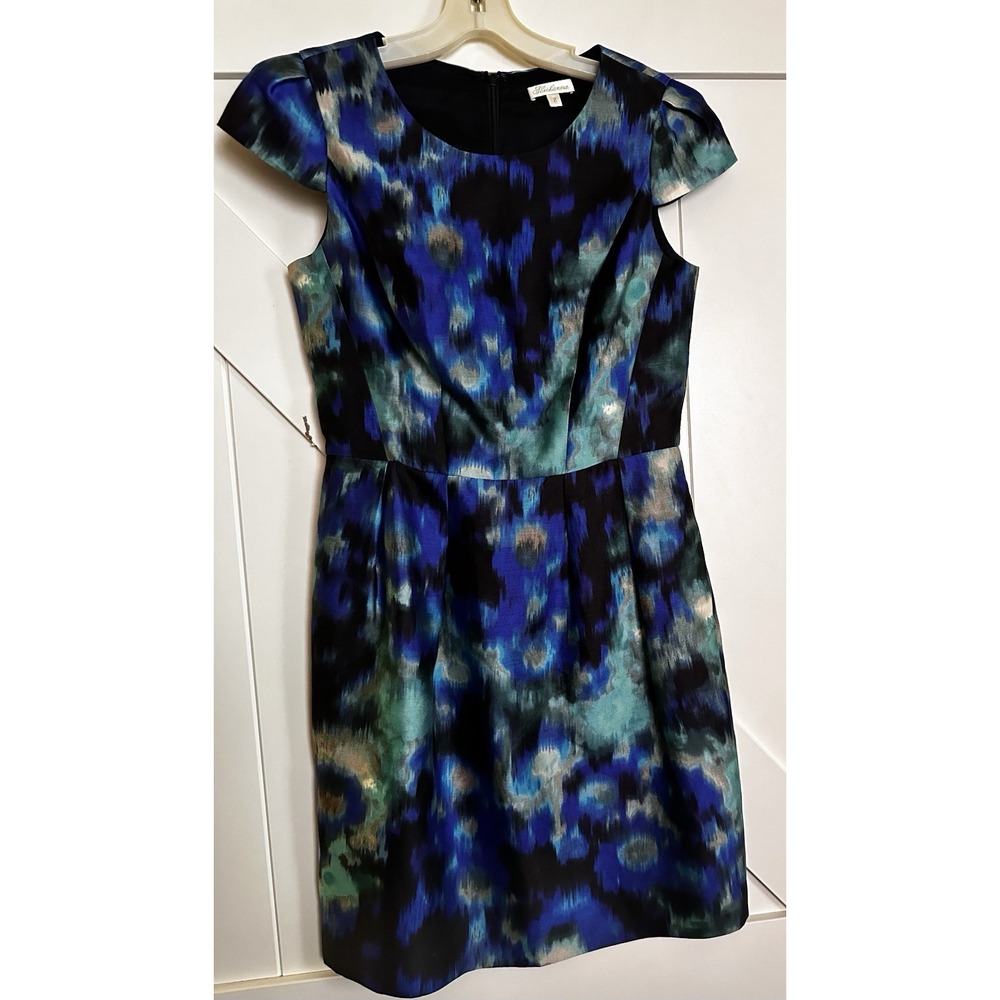Shoshanna Blue Black Aqua Printed Knee Length‎ Dress Pockets Silk Blend  Sz 2